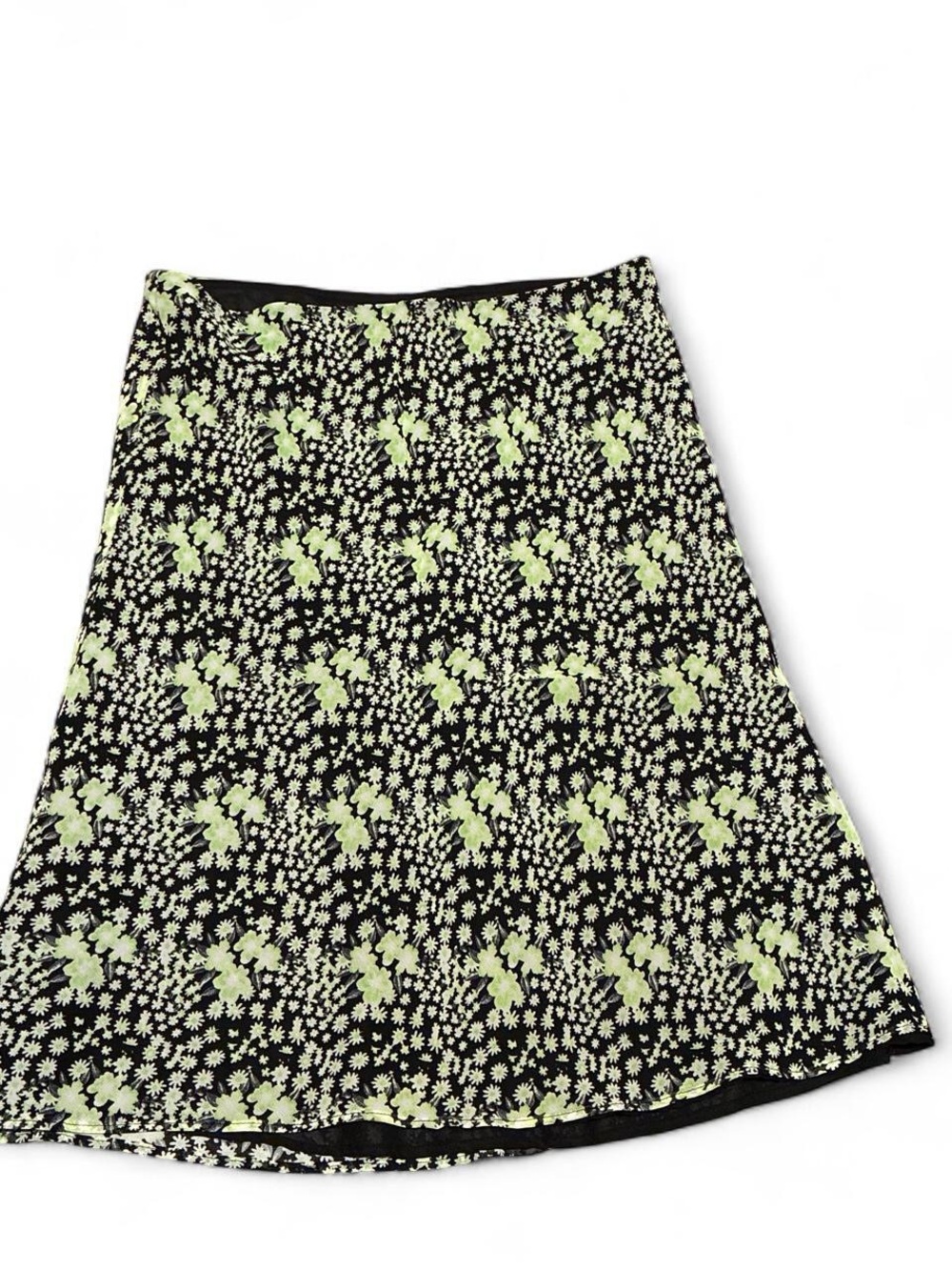 Black Floral A-Line Midi Skirt with Lime Green Accents